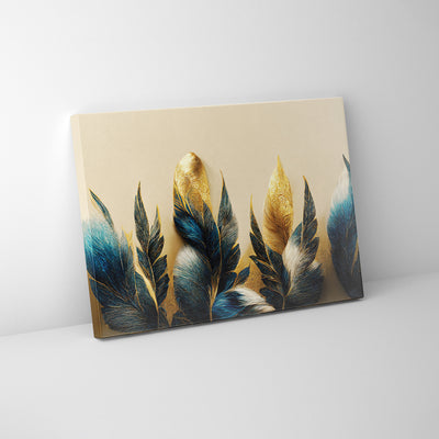 Elevate Your Space: Blue-Gold Feather Canvas Print. Transform Your Walls with Grand Canvas Wall Art, Ideal for Both Office and Home Settings.