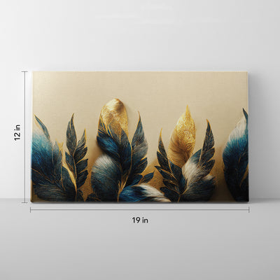 Elevate Your Space: Blue-Gold Feather Canvas Print. Transform Your Walls with Grand Canvas Wall Art, Ideal for Both Office and Home Settings.