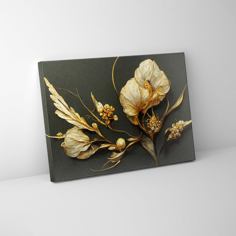 Elevate Your Space: Golden Leaves and Branches Amidst Elegant Flowers Canvas Print. Transform Your Walls with Grand Canvas Wall Art, Ideal for Both Office and Home Settings.