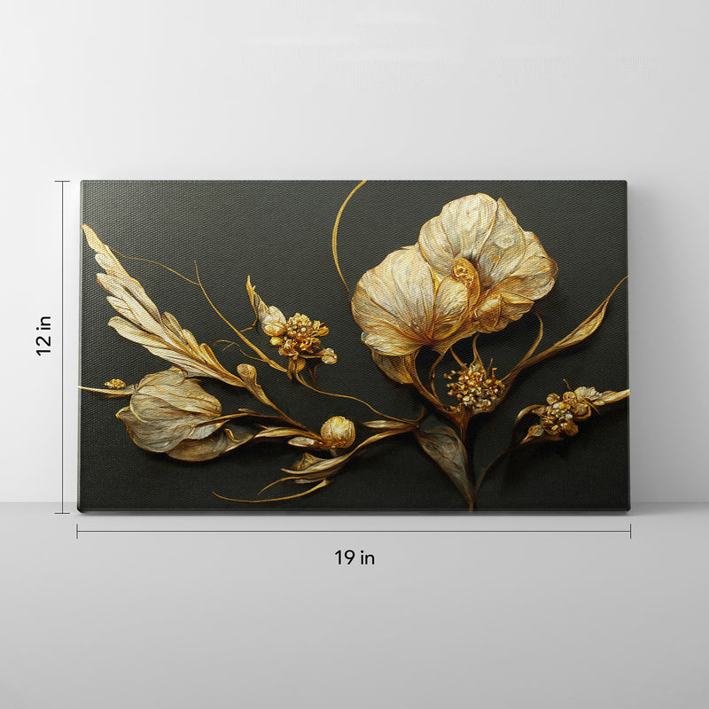 Elevate Your Space: Golden Leaves and Branches Amidst Elegant Flowers Canvas Print. Transform Your Walls with Grand Canvas Wall Art, Ideal for Both Office and Home Settings.