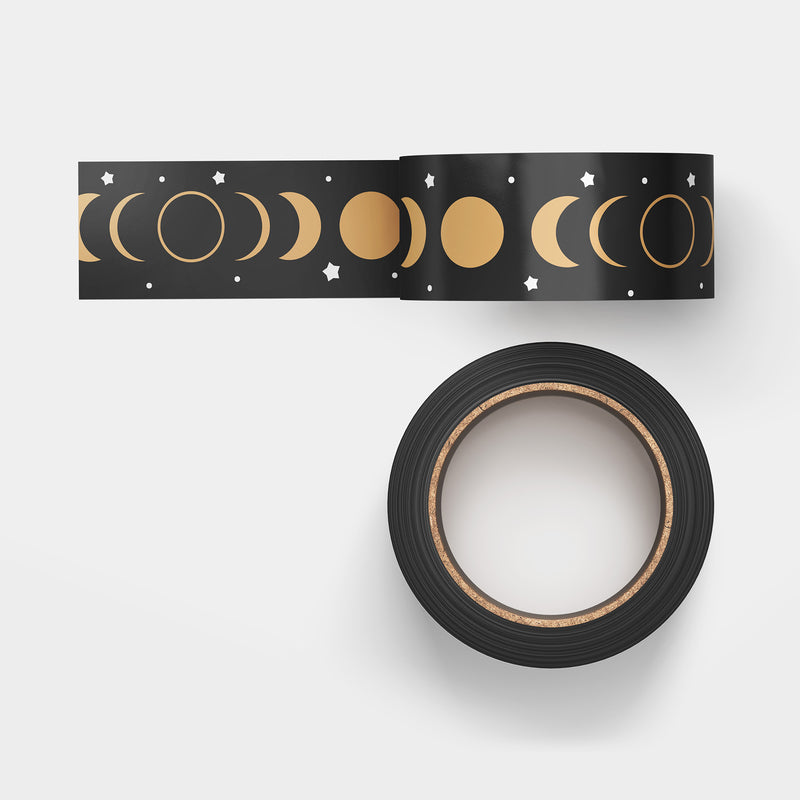 Elegant Night Sky: Black Base Washi Tape adorned with Gold Stars and Moon Phases for Your Crafting Pleasure!