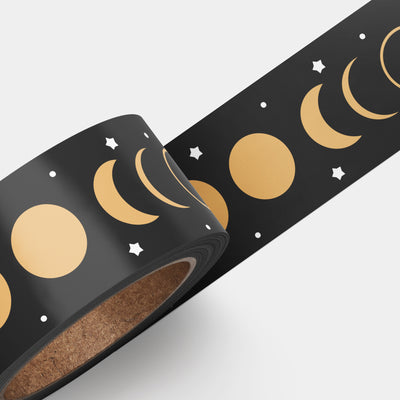 Elegant Night Sky: Black Base Washi Tape adorned with Gold Stars and Moon Phases for Your Crafting Pleasure!