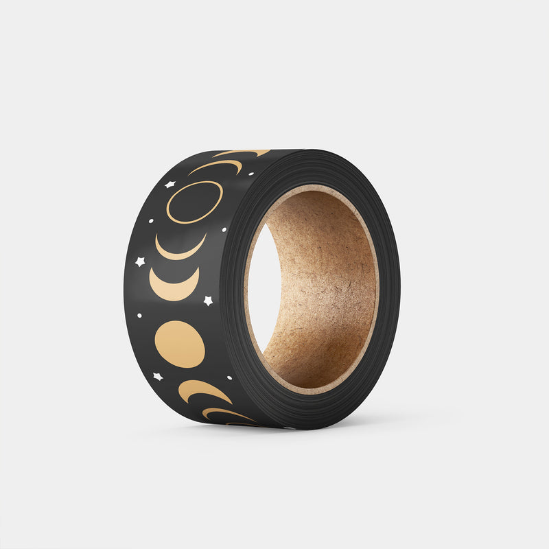 Elegant Night Sky: Black Base Washi Tape adorned with Gold Stars and Moon Phases for Your Crafting Pleasure!