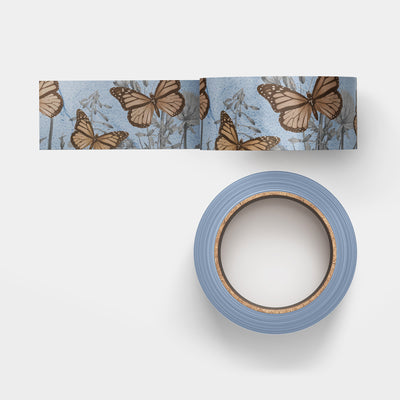 Whimsical Botanical Bliss: Dusty Blue Washi Tape adorned with Botanical Elements and Butterflies for Your Artistic Creations!