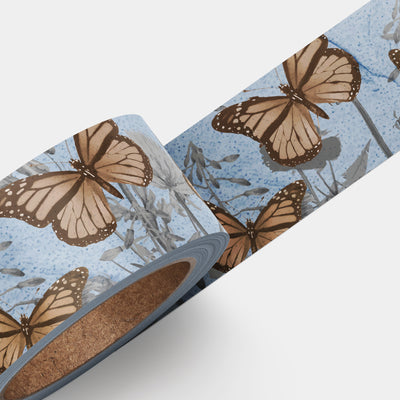 Whimsical Botanical Bliss: Dusty Blue Washi Tape adorned with Botanical Elements and Butterflies for Your Artistic Creations!