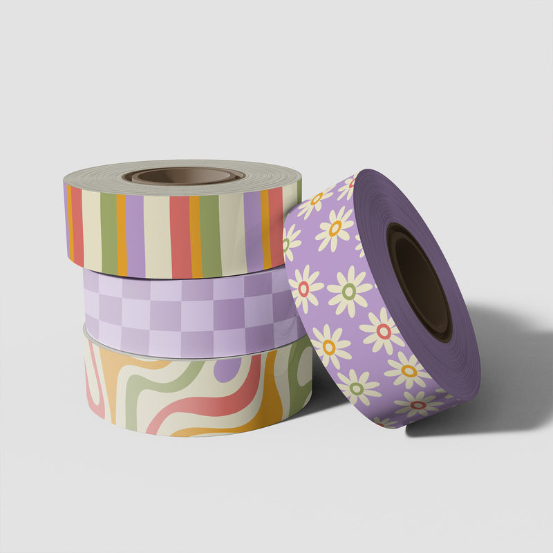 Artistic Fusion Fiesta: Ensemble of 4 Washi Tapes - Vibrant Bases featuring Dynamic Geometric Patterns and Graceful White Flowers, Elevating Your Crafting with a Burst of Creativity!