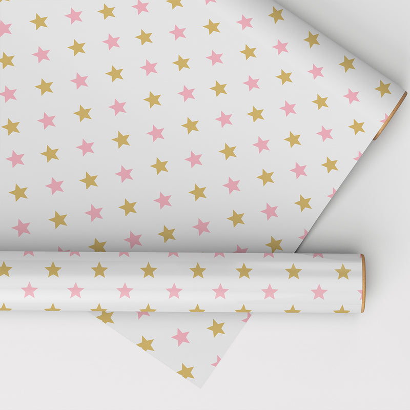 Pink and Gold Stars on a Crisp White Background Wrapping Sheet