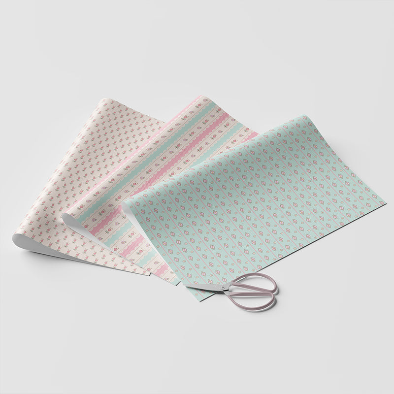 Set of 3 Wrapping Sheets with Charming Pastel Floral Designs