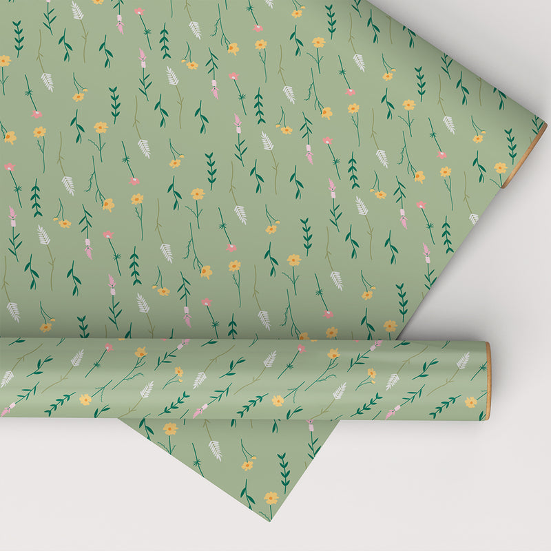 Green Background Adorned with Minimal Floral Pattern Wrapping Sheet